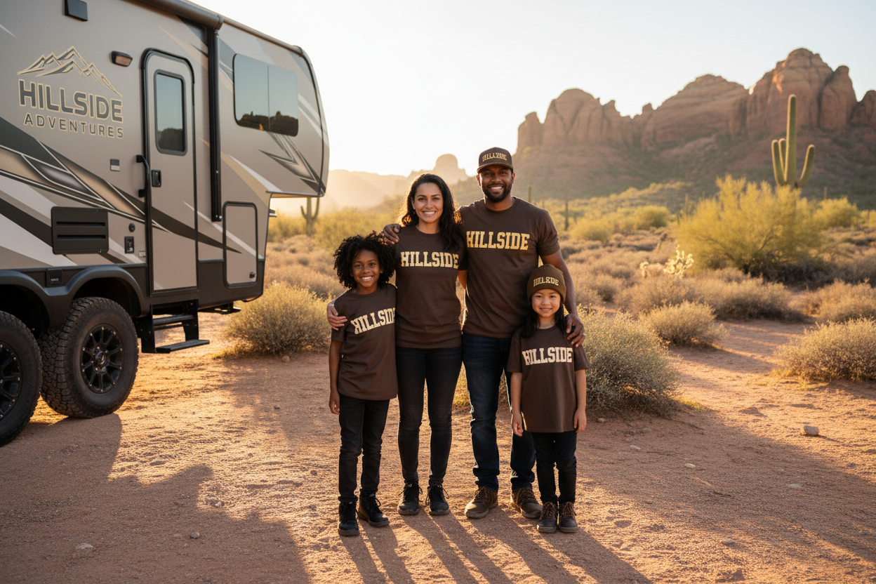 Mixed family by RV wearing Hillside apparel