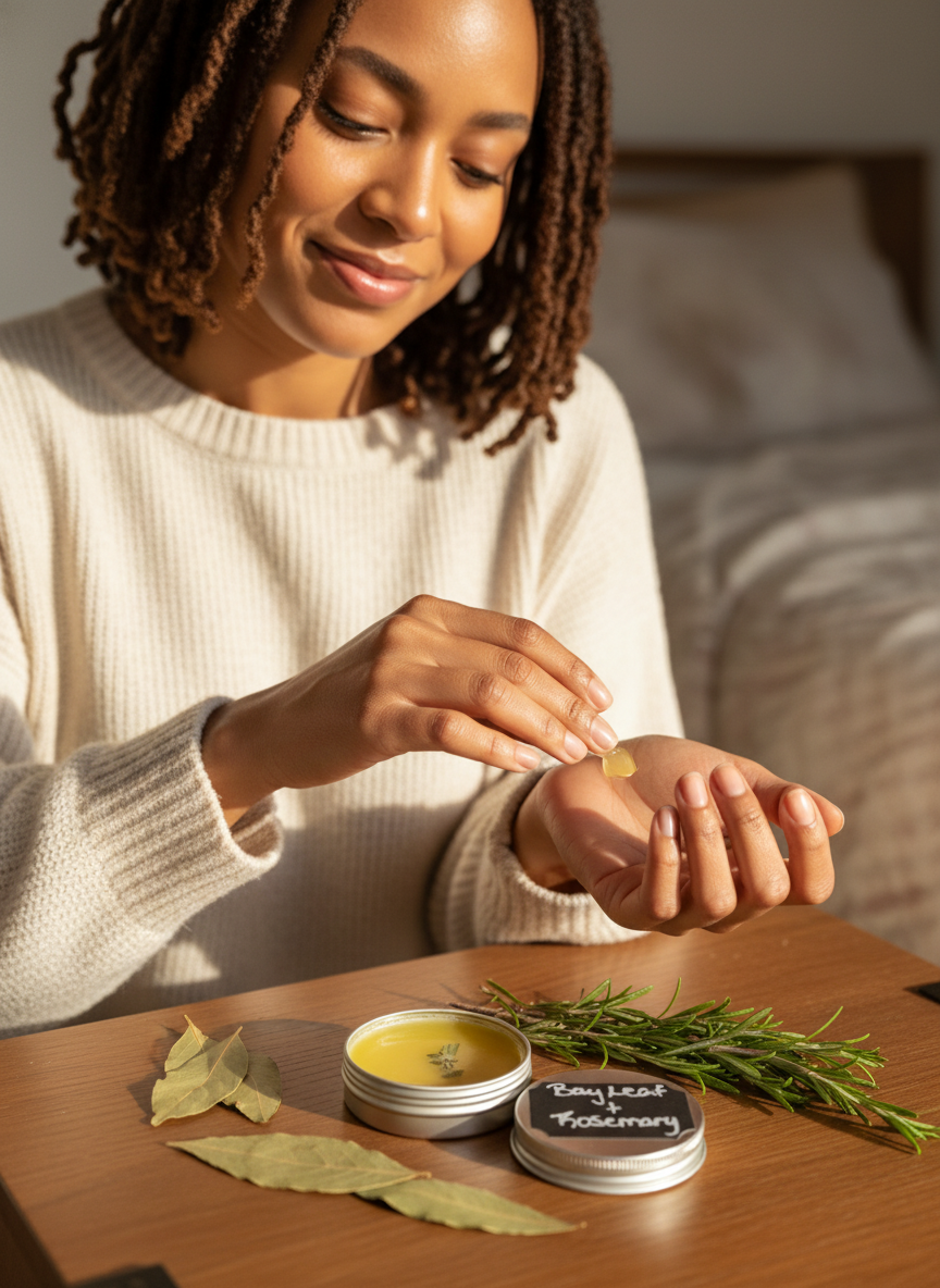 Woman applying Bay Leaf + Rosemary Balm to wrist