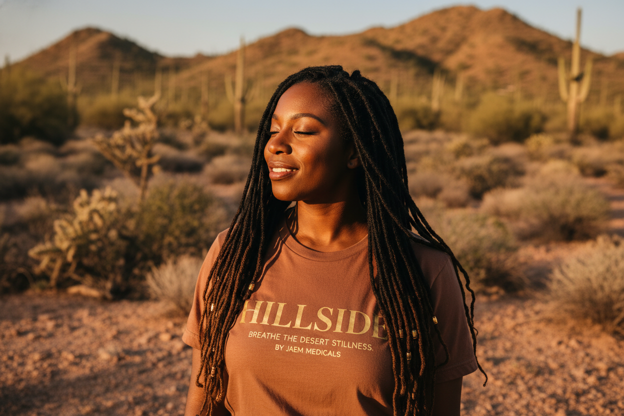 Woman wearing Hillside t-shirt